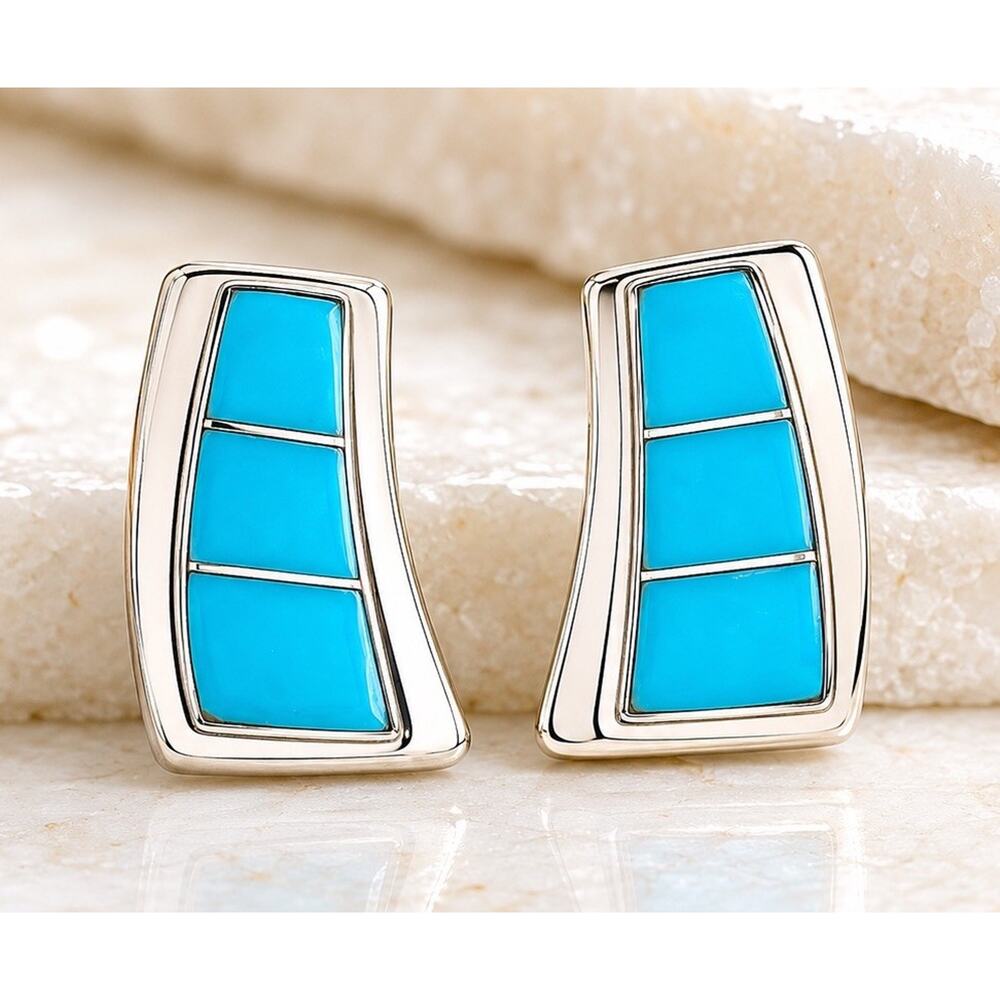 Sterling Silver Turquoise Inlay Stud Earrings Zuni Signed Southwest Vintage